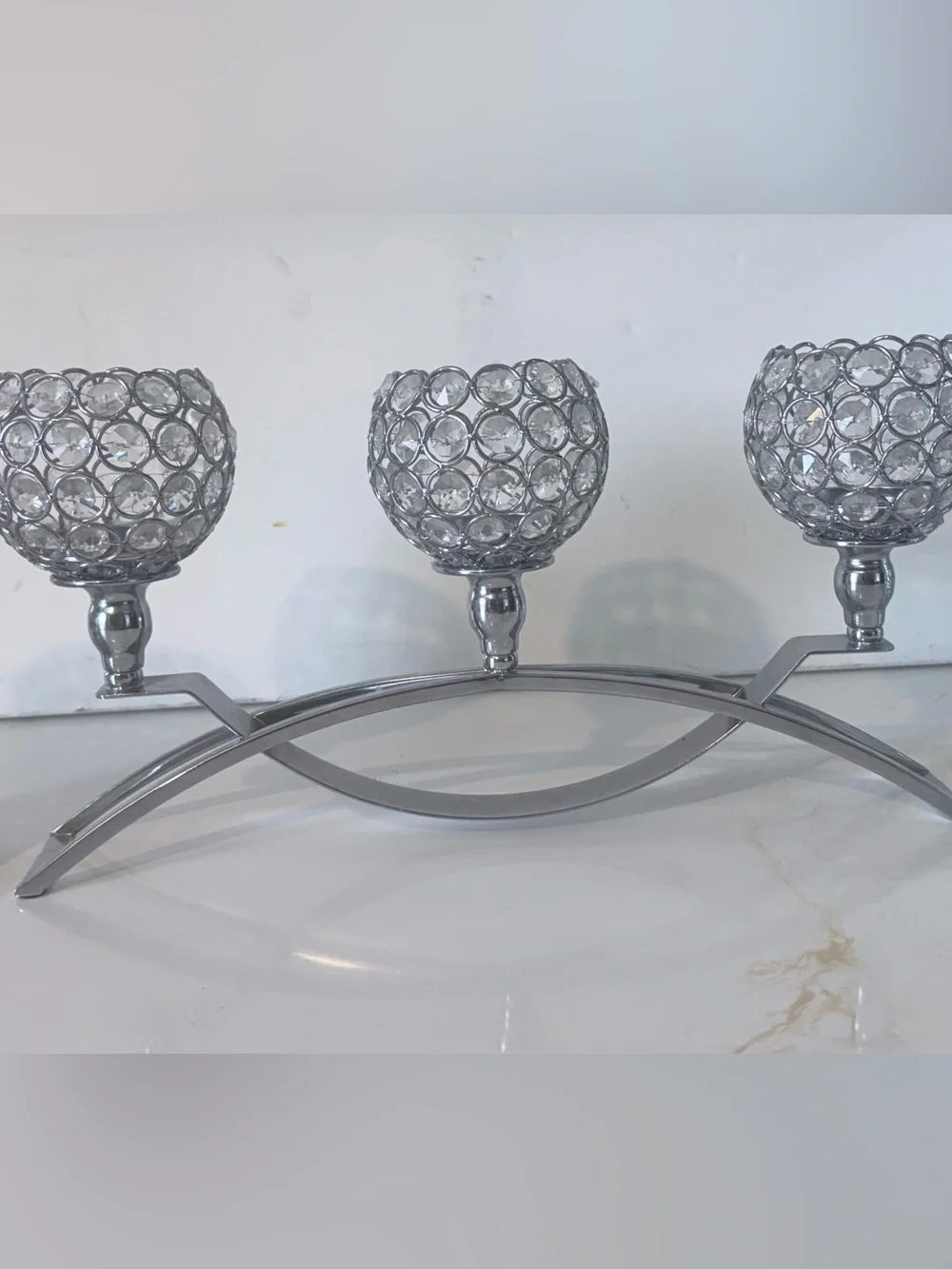 Silver Crystal-Accented Three-Cup Candle Holder Candelabra